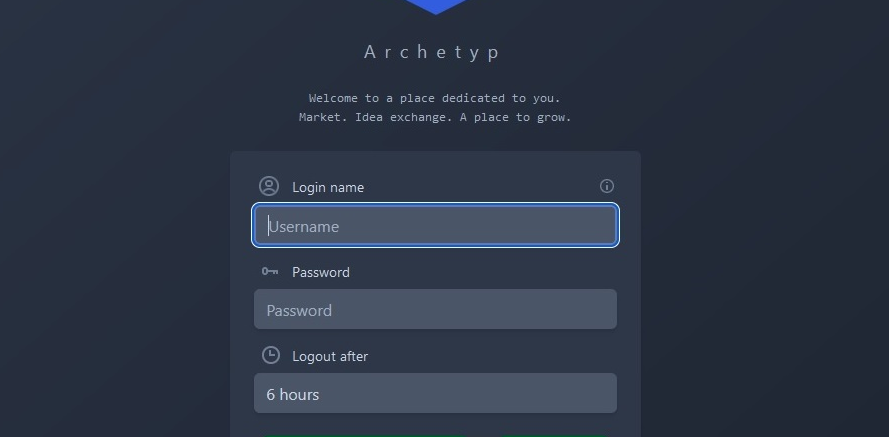 Login screen for Archetyp Market 2025